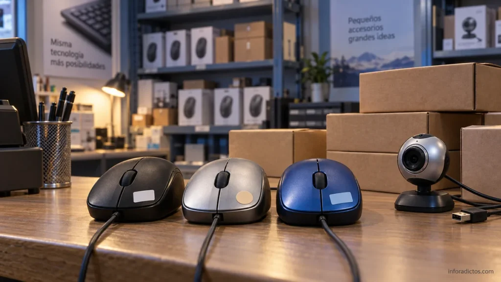 Tres ratones de ordenador similares con etiquetas distintas junto a una webcam y cajas en una tienda