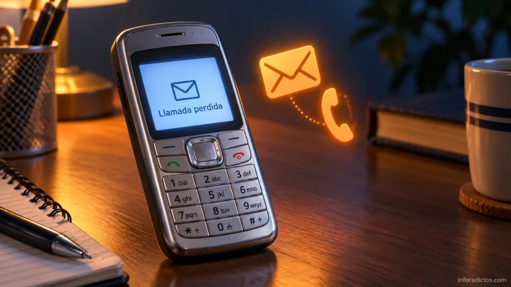 Móvil con teclado y un aviso de llamada perdida junto a símbolos de un mensaje y un teléfono