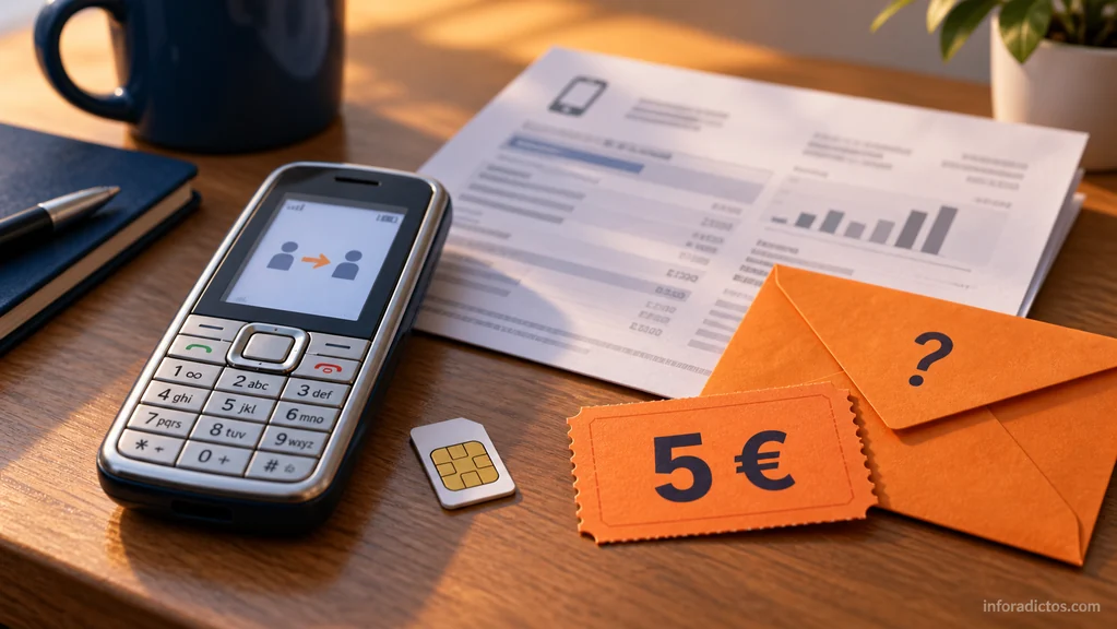 Móvil con teclado, tarjeta SIM, factura y un vale de 5 euros junto a un sobre