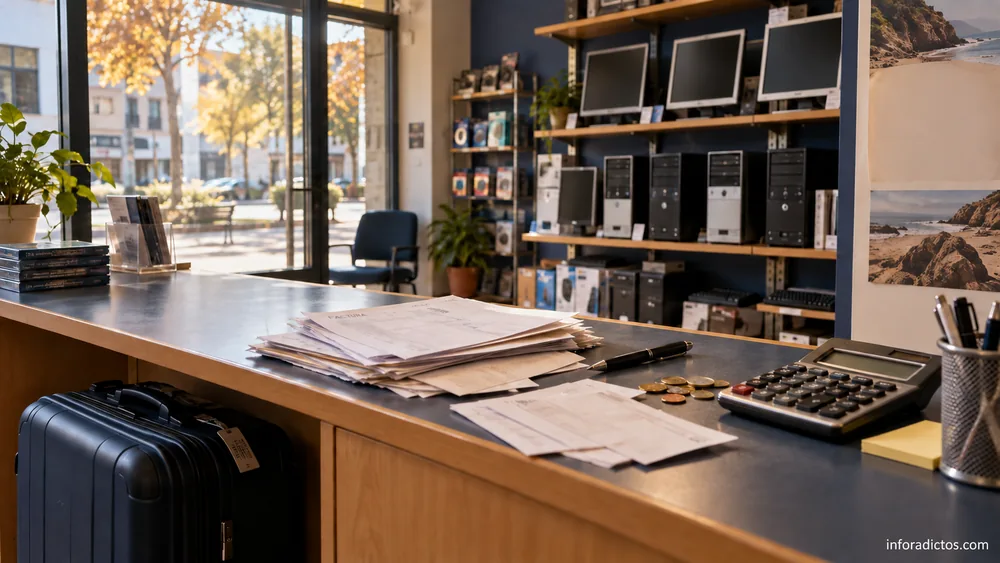 Tienda de informática vacía con facturas, calculadora y una maleta tras las vacaciones