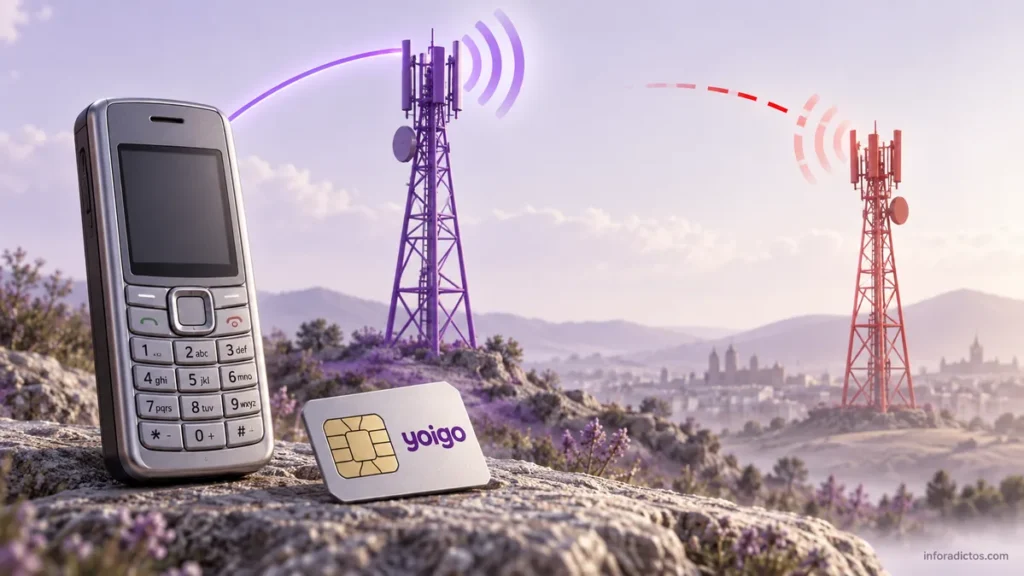 Móvil con teclado, tarjeta SIM de Yoigo y dos antenas con una conexión roja interrumpida