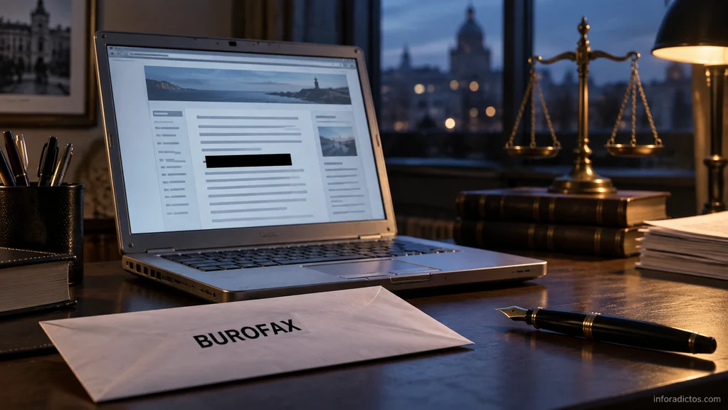 Un burofax junto a un portátil con un blog y una balanza de la justicia al fondo