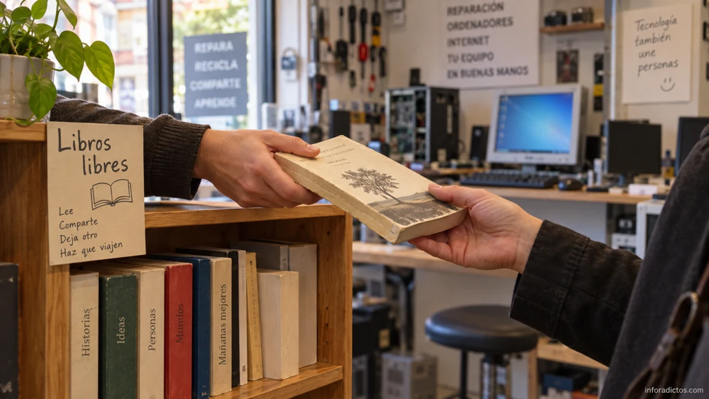 Dos personas comparten un libro junto a una estantería de intercambio en una tienda de informática