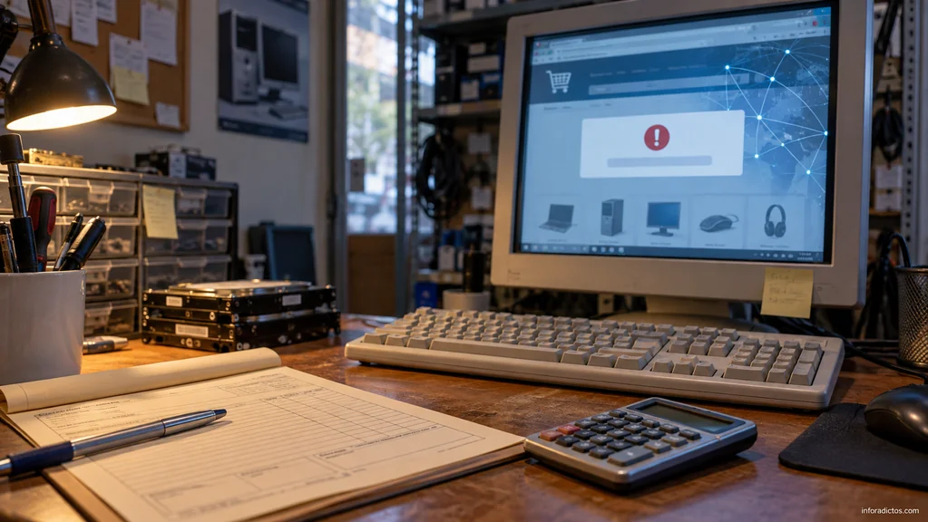 Mostrador de una tienda de informática con un presupuesto y una web que muestra un error de servicio