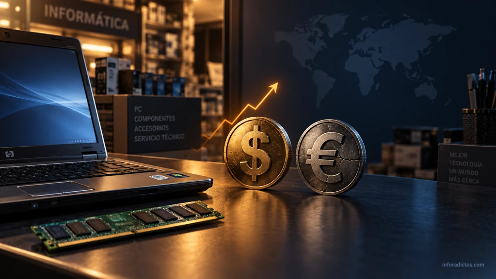 Símbolos del dólar y del euro junto a un portátil y memoria RAM en una tienda de informática