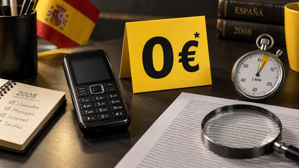 Teléfono móvil junto a una oferta de cero euros, un cronómetro y una lupa sobre las condiciones