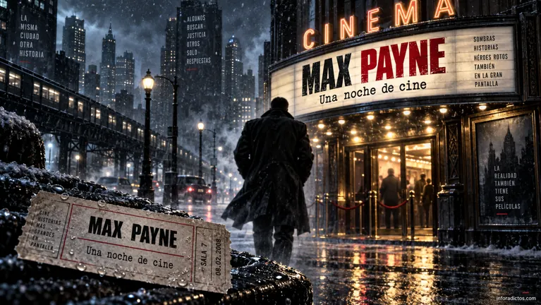 Ilustración de un cine que anuncia Max Payne en una ciudad nocturna