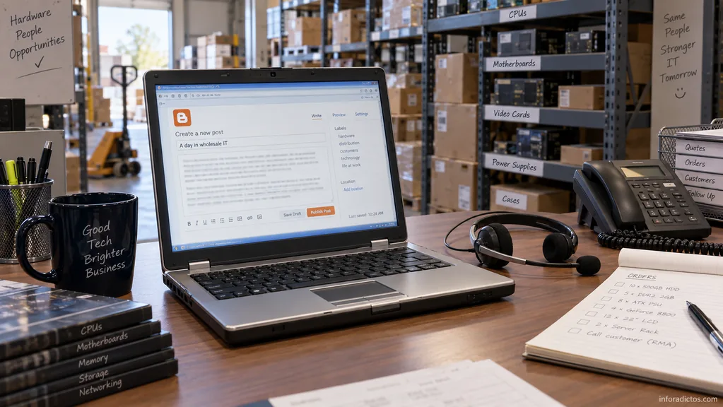 Un portátil con un blog abierto en la mesa de un comercial de un mayorista informático