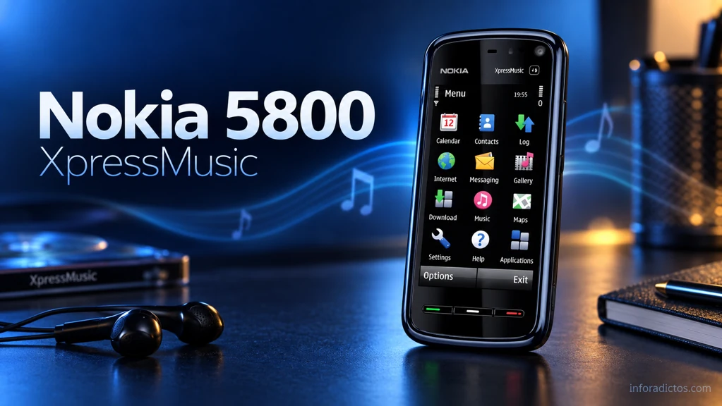 Nokia 5800 XpressMusic negro y azul con el menú de Symbian en su pantalla táctil