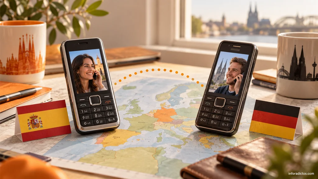 Dos móviles con teclado sobre un mapa de Europa junto a las banderas de España y Alemania