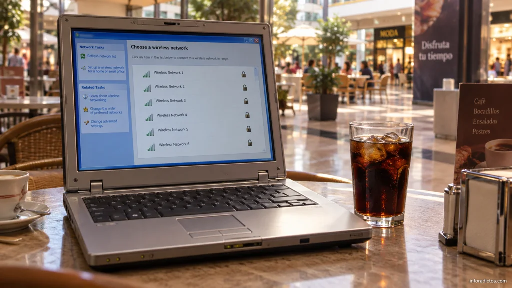 Portátil mostrando redes wifi protegidas en una cafetería de un centro comercial