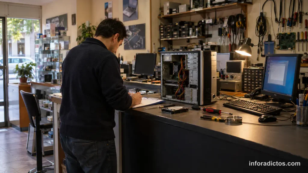 Técnico de una tienda informática preparando la factura de una reparación