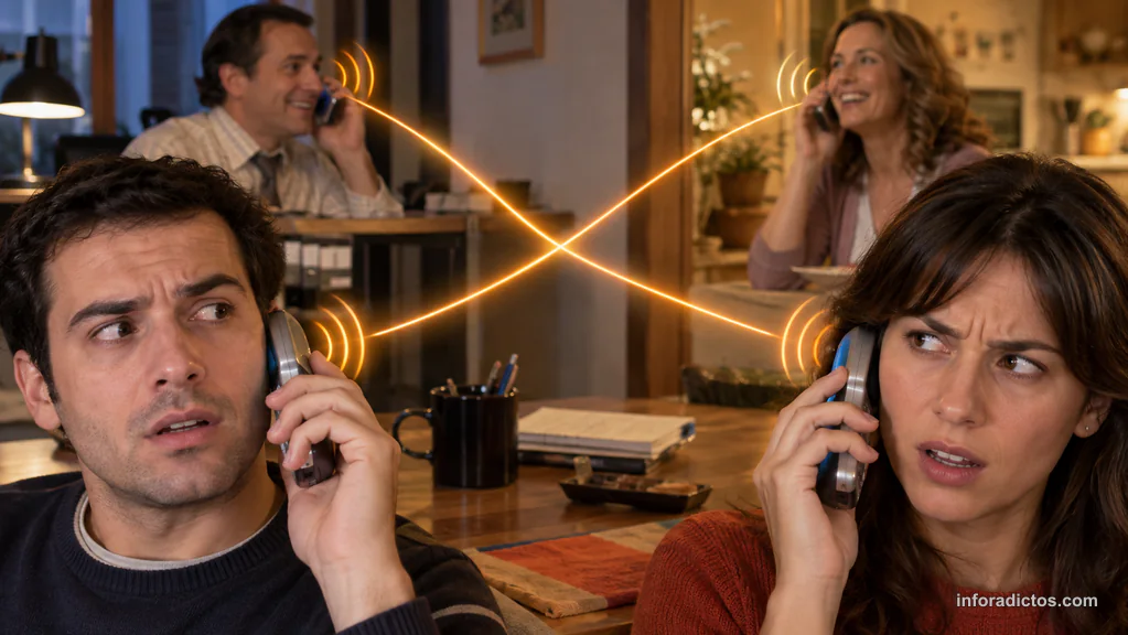 Cuatro llamadas de móvil conectadas de forma cruzada