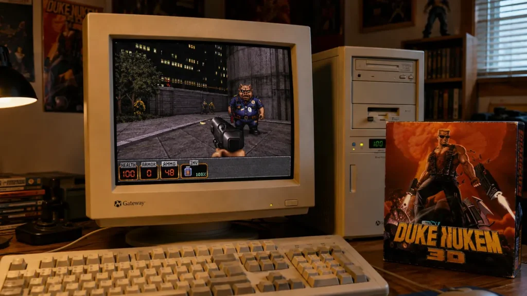 Duke Nukem 3D en un ordenador de 1996 con monitor CRT