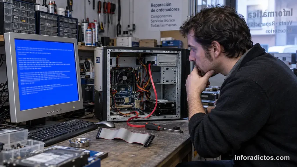 Técnico diagnosticando un pantallazo azul en un PC con placa ASRock