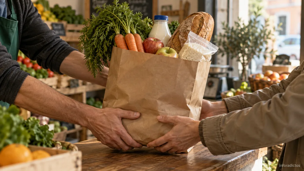 Dos personas comparten una bolsa de alimentos en el mostrador de un comercio de barrio