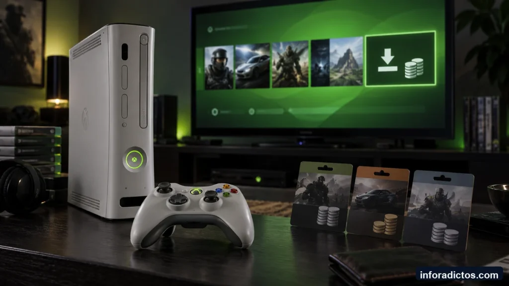 Consola Xbox 360 y mando ante una pantalla de Xbox Live