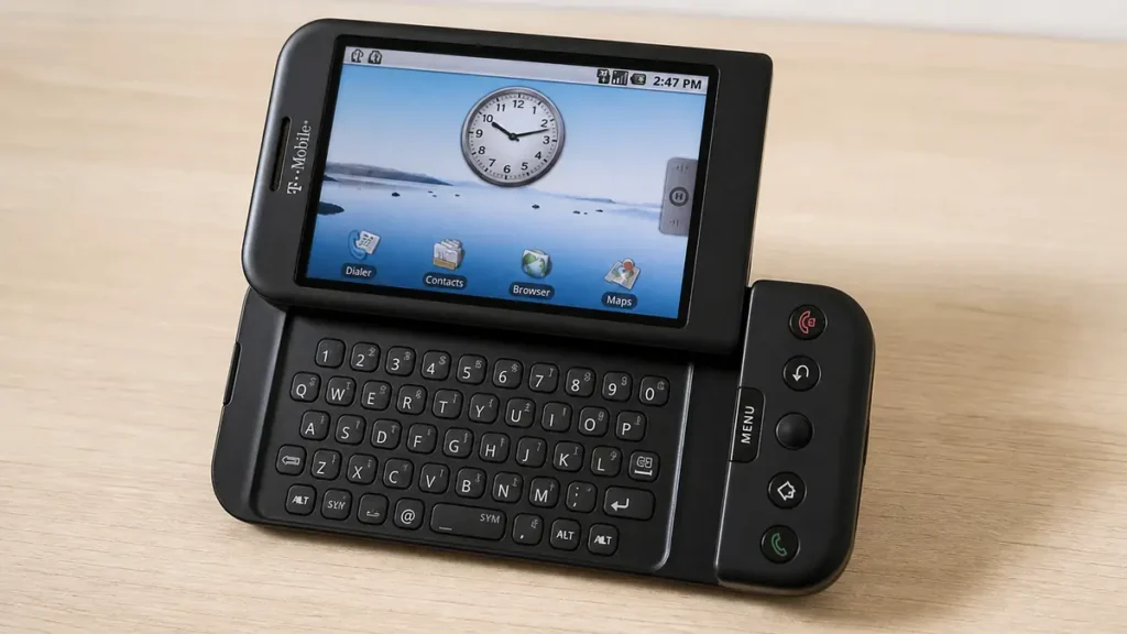 HTC Dream G1 de 2008 con Android y teclado QWERTY desplegado