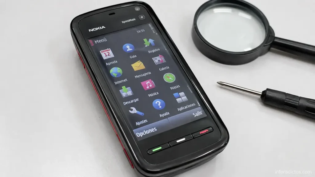 Nokia 5800 XpressMusic revisado junto a una lupa y un destornillador