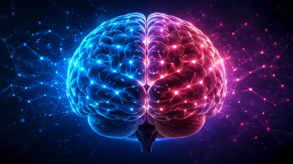 Cerebro humano dividido en dos mitades con conexiones neuronales azules y magenta