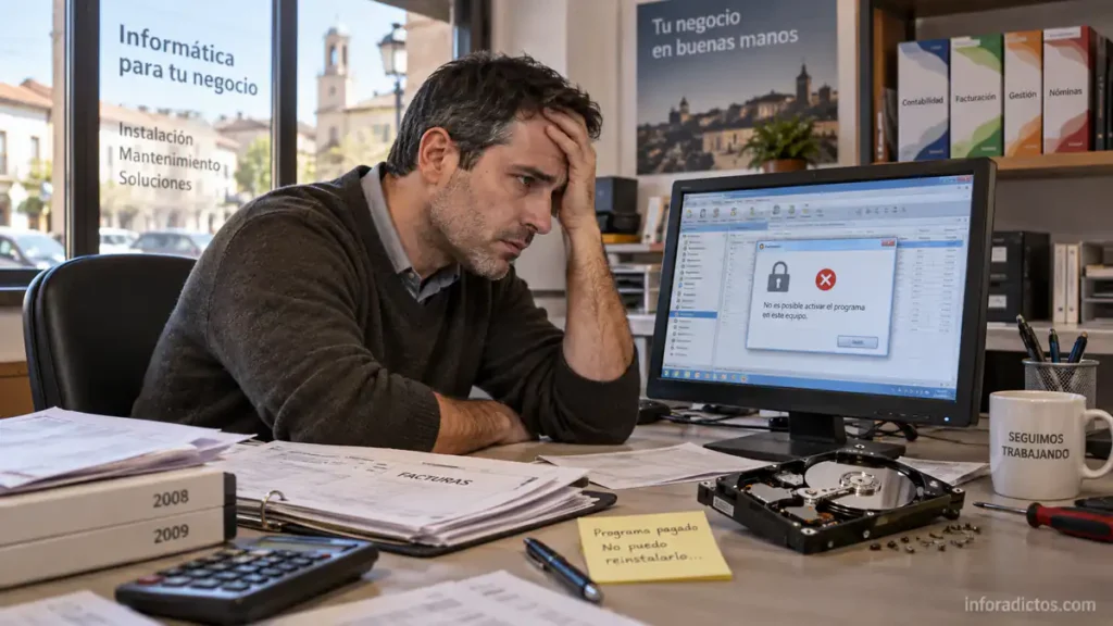 Empresario ante un programa de contabilidad bloqueado tras averiarse el disco duro