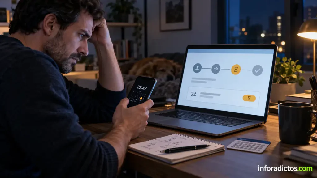 Cliente revisando una transferencia bancaria pendiente por internet