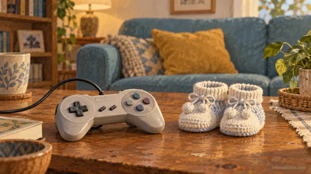 Un mando de videojuegos junto a unos patucos de bebé sobre una mesa