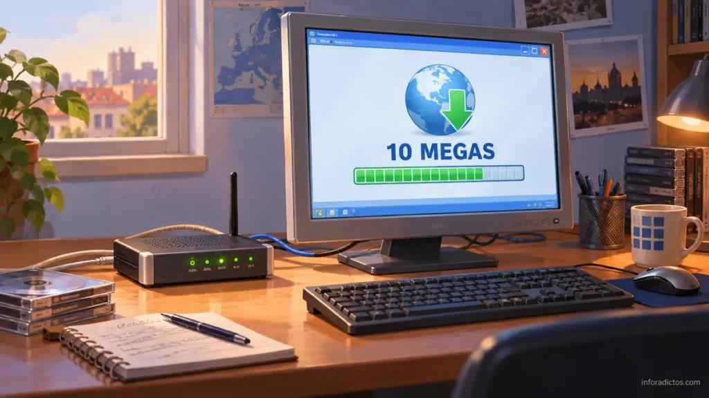 Ilustración de un router ADSL y un ordenador de 2009 con una descarga a 10 megas