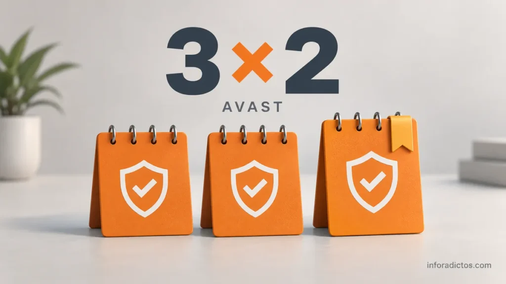 Ilustración de tres calendarios con escudos para la promoción 3×2 de Avast