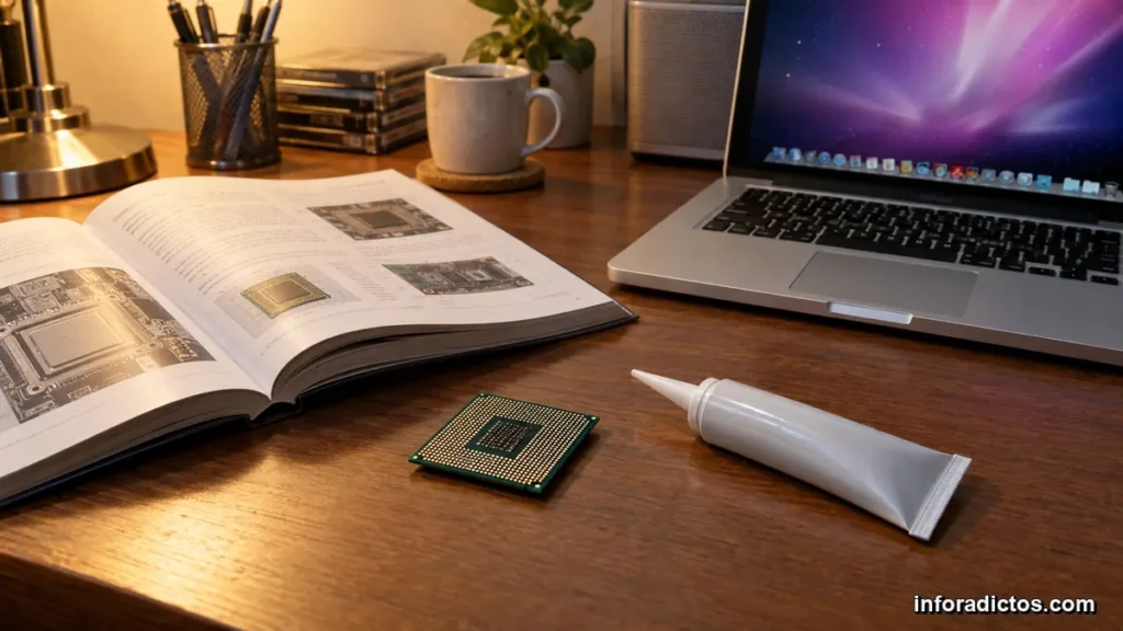 Chip de silicio junto a un tubo de silicona y un manual de informática