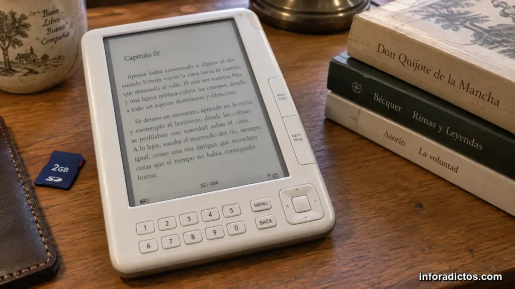 Lector de ebooks Papyre 6.1 junto a varios libros y una tarjeta SD