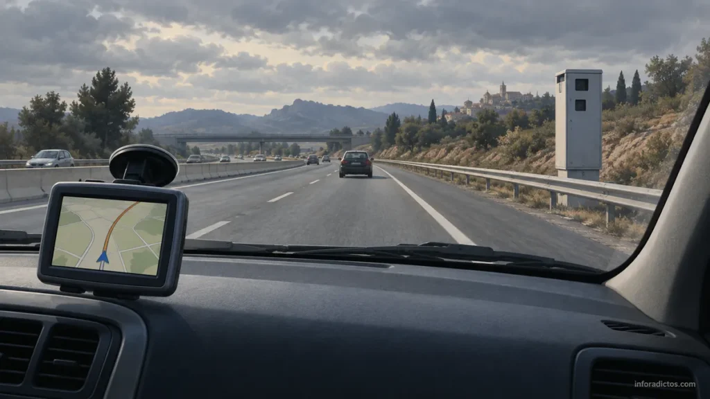 Ilustración de un GPS de coche y un radar junto a una autovía
