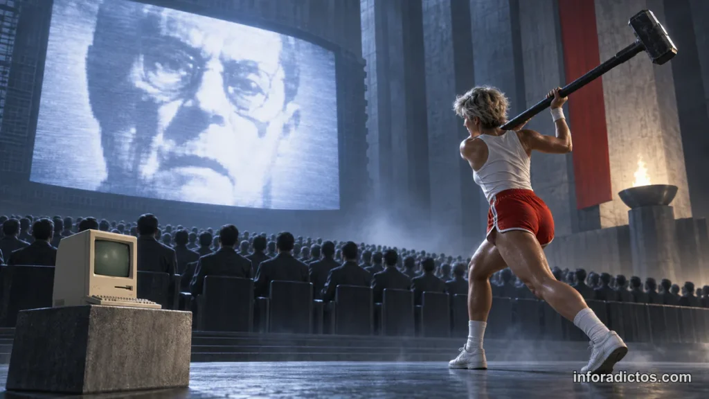 Atleta con un martillo frente a una pantalla y un Macintosh 128K en una escena inspirada en el anuncio de 1984