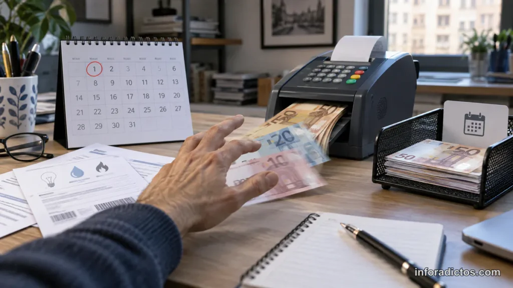 Billetes absorbidos antes de tiempo por un terminal bancario junto a recibos y un calendario
