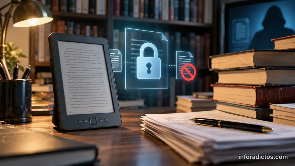 Lector de libros electrónicos junto a libros impresos y documentos digitales protegidos