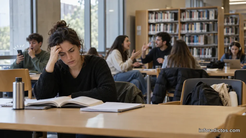 Mujer intentando leer mientras otras personas hacen ruido en una biblioteca