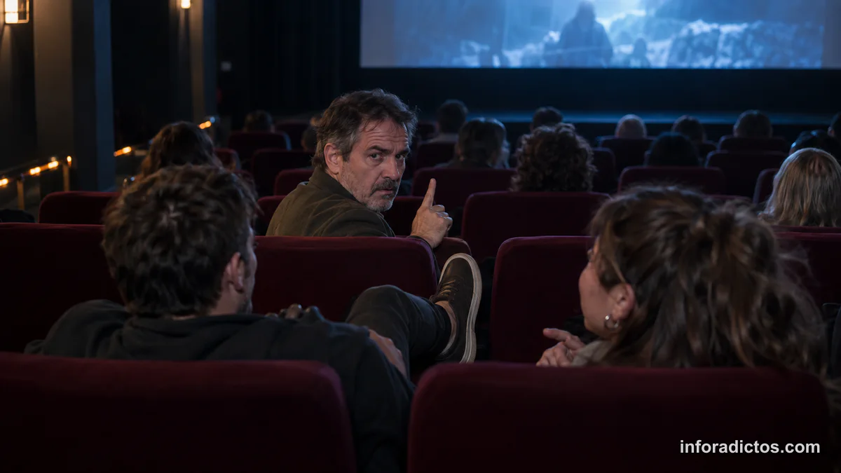 Pedir silencio ante la mala educación en el cine Hombre pidiendo silencio a unos espectadores molestos en el cine