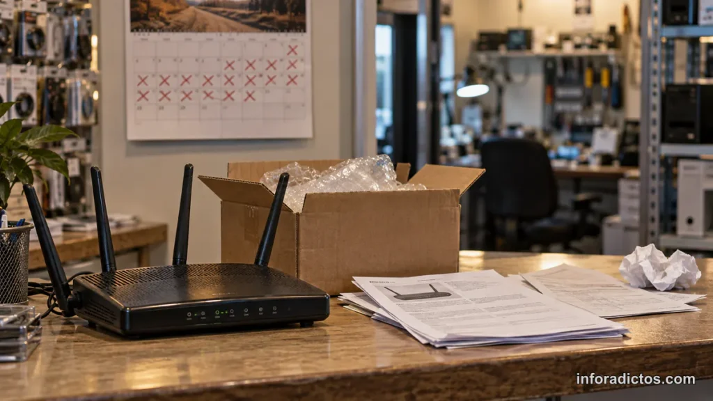 Router Netgear junto a documentos de garantía y un calendario con un mes de espera