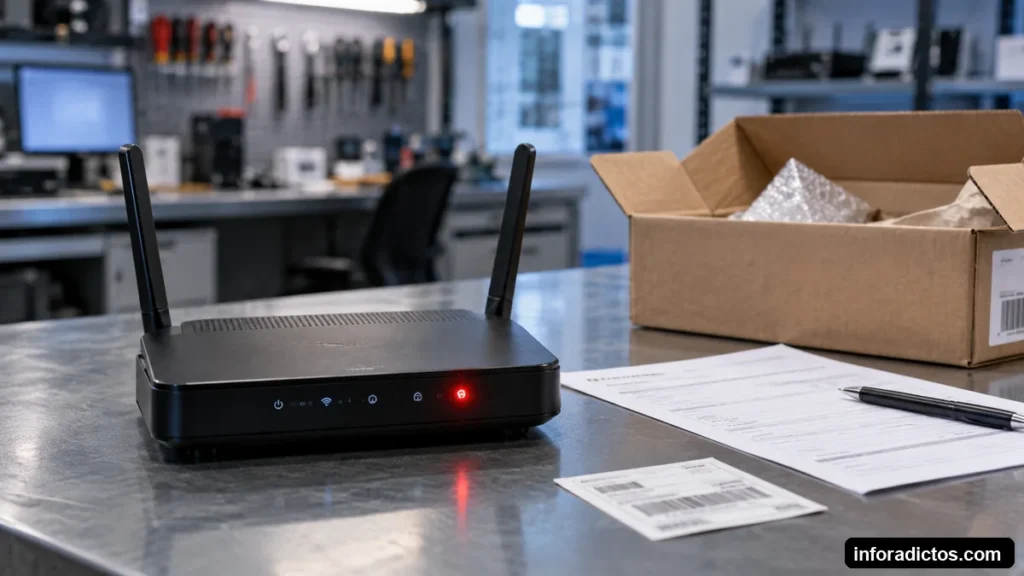 Router averiado junto a la documentación para tramitar su garantía