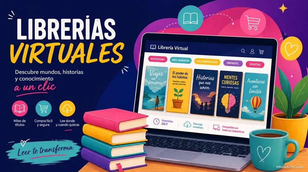 Ilustración de una librería virtual en un portátil, con libros, iconos de compra y una taza