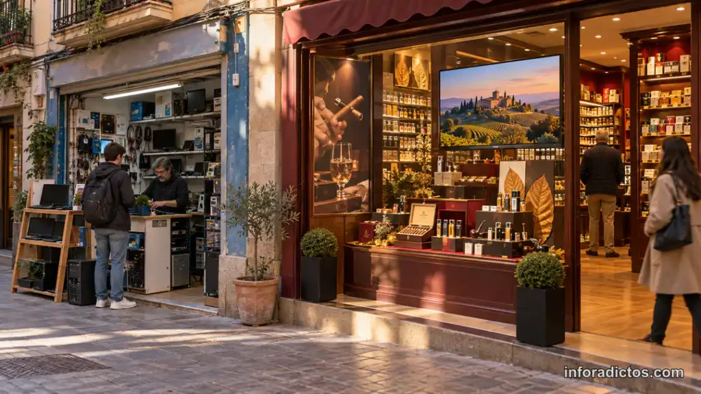 Pantalla comercial y merchandising en un estanco