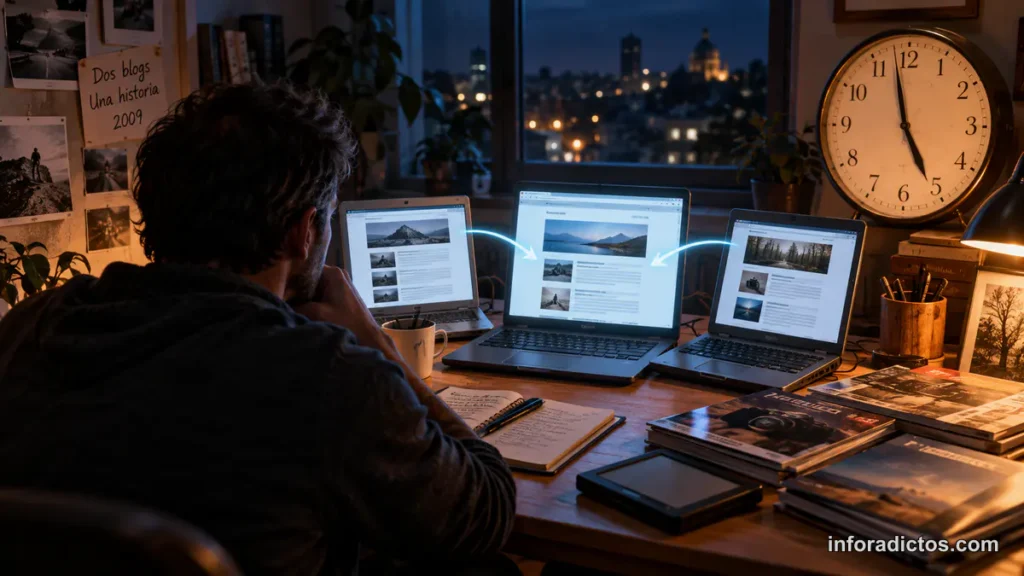 Bloguero trabajando de madrugada mientras fusiona dos blogs y mira el reloj