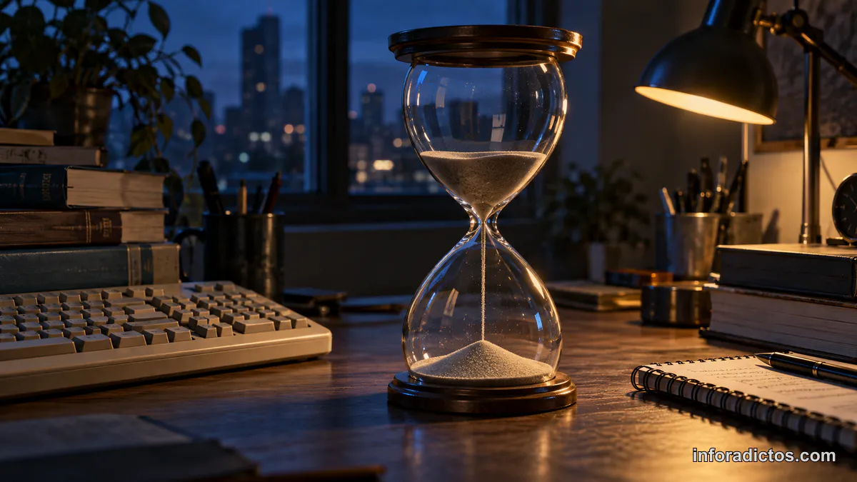 Reloj de arena y carencia de tiempo Reloj de arena sobre un escritorio que representa la falta de tiempo