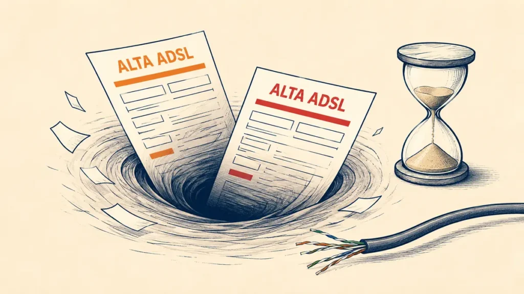 Dos solicitudes de alta ADSL desaparecen junto a un reloj de arena y un cable desconectado
