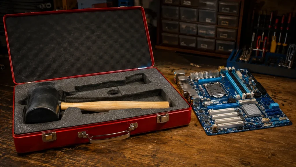 Maletín con una maza junto a una placa base: ilustración de la broma Asus Repair Kit