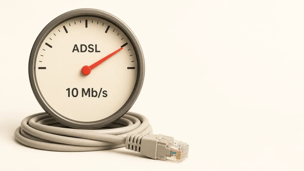 Medidor conceptual de ADSL de 10 Mb/s junto a un cable Ethernet
