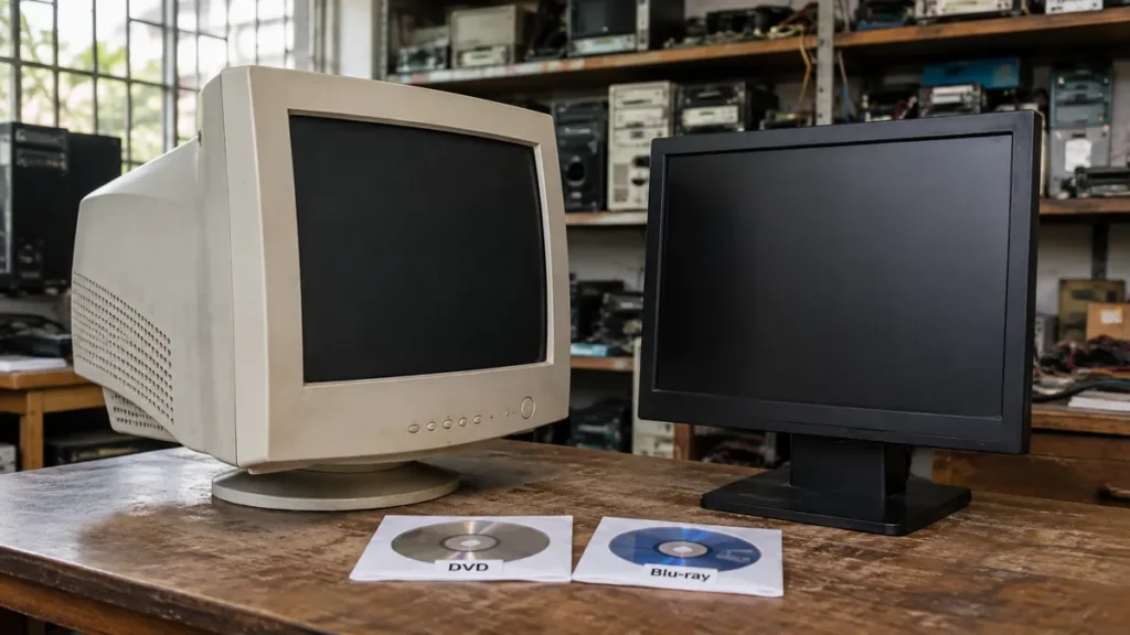 Monitor CRT beige junto a un monitor TFT negro y discos DVD y Blu-ray en un taller