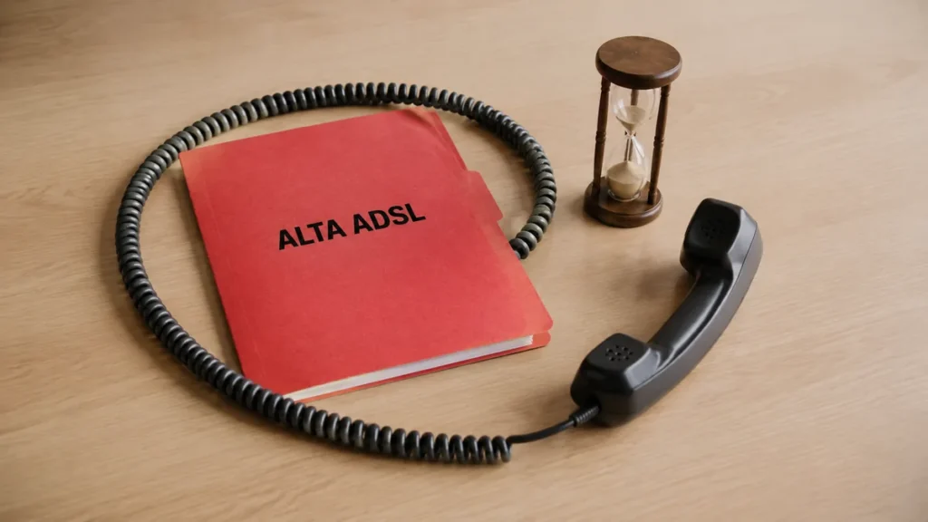 Auricular de teléfono junto a una carpeta de alta ADSL y un reloj de arena