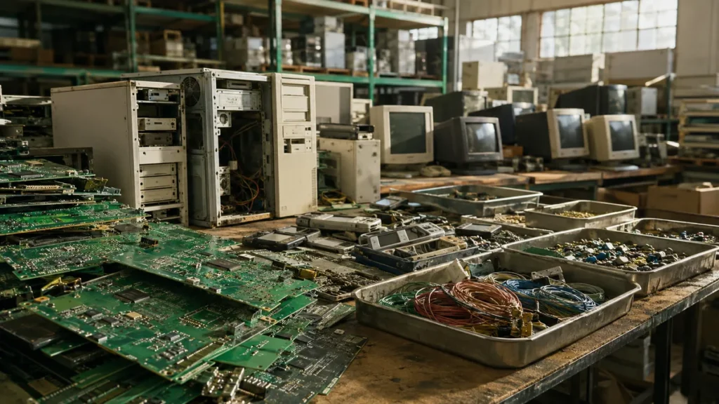 Placas electrónicas, móviles antiguos y monitores CRT en una mesa de clasificación de residuos