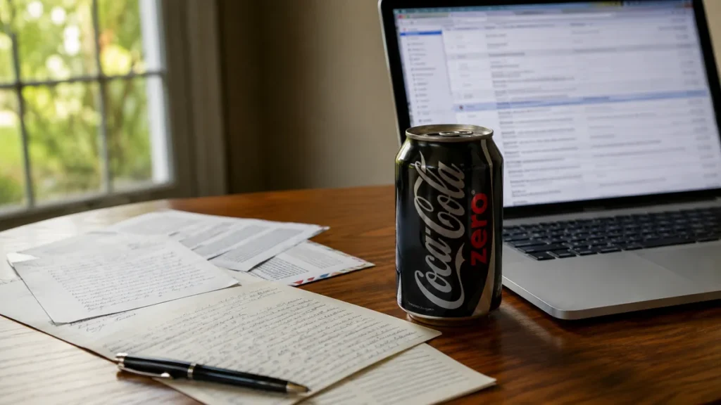 Lata de Coca-Cola Zero junto a correspondencia y un portátil